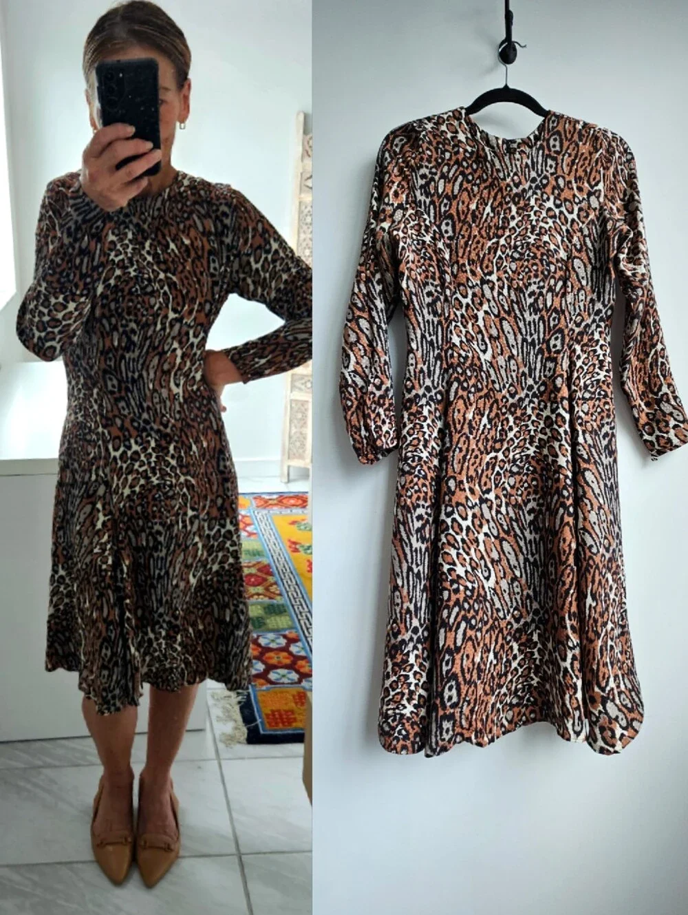 Vintage Silk Brown Jaquard Animal Print Crew Long Sleeve Babydoll Dress